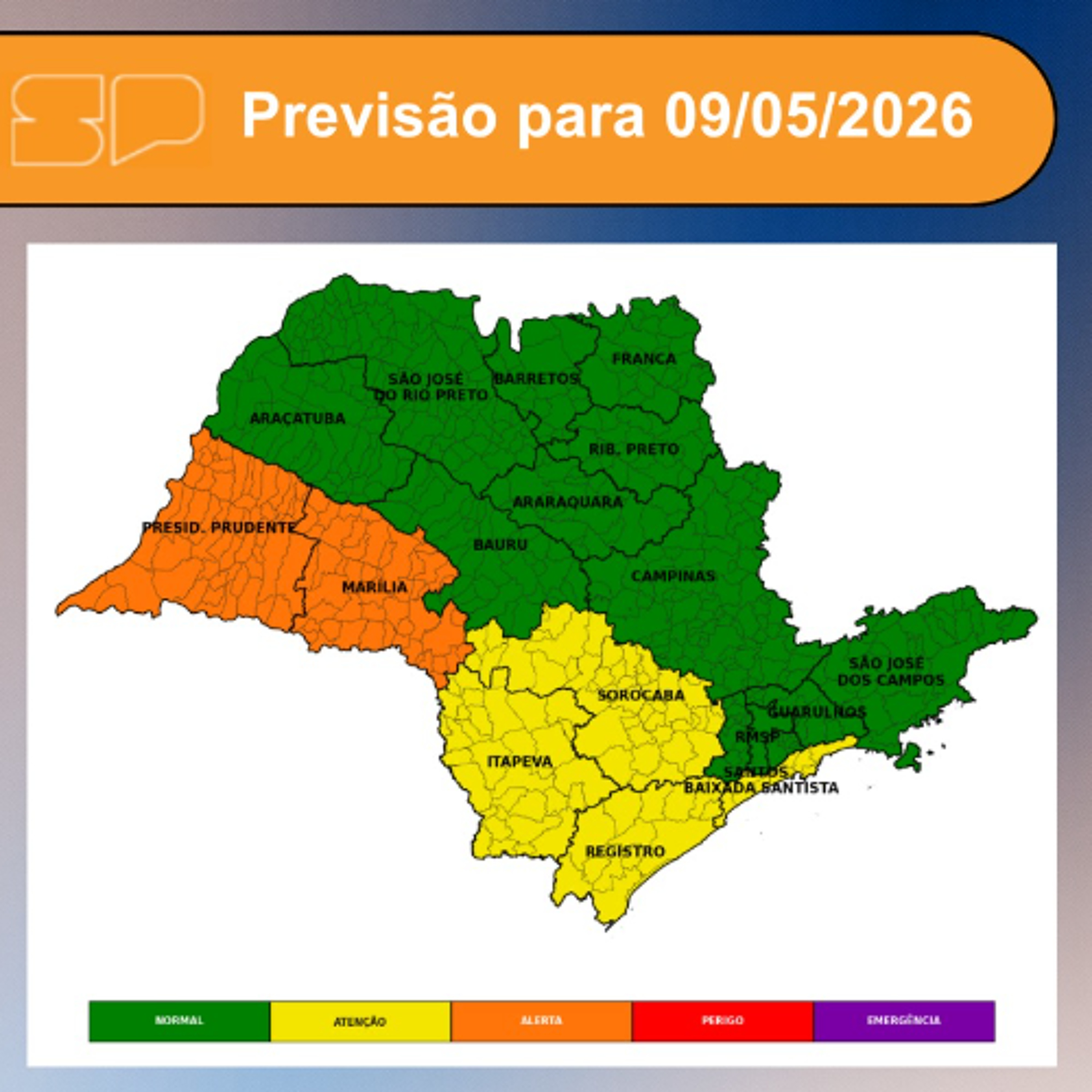 Defesa Civil - Sábado, dia 09/05, o grande destaque será o avanço de uma frente fria, que provocará pancadas de chuva isoladas, acompanhadas de raios, rajadas de vento e possibilidade de granizo pontual, principalmente nas regiões que fazem divisa com o e