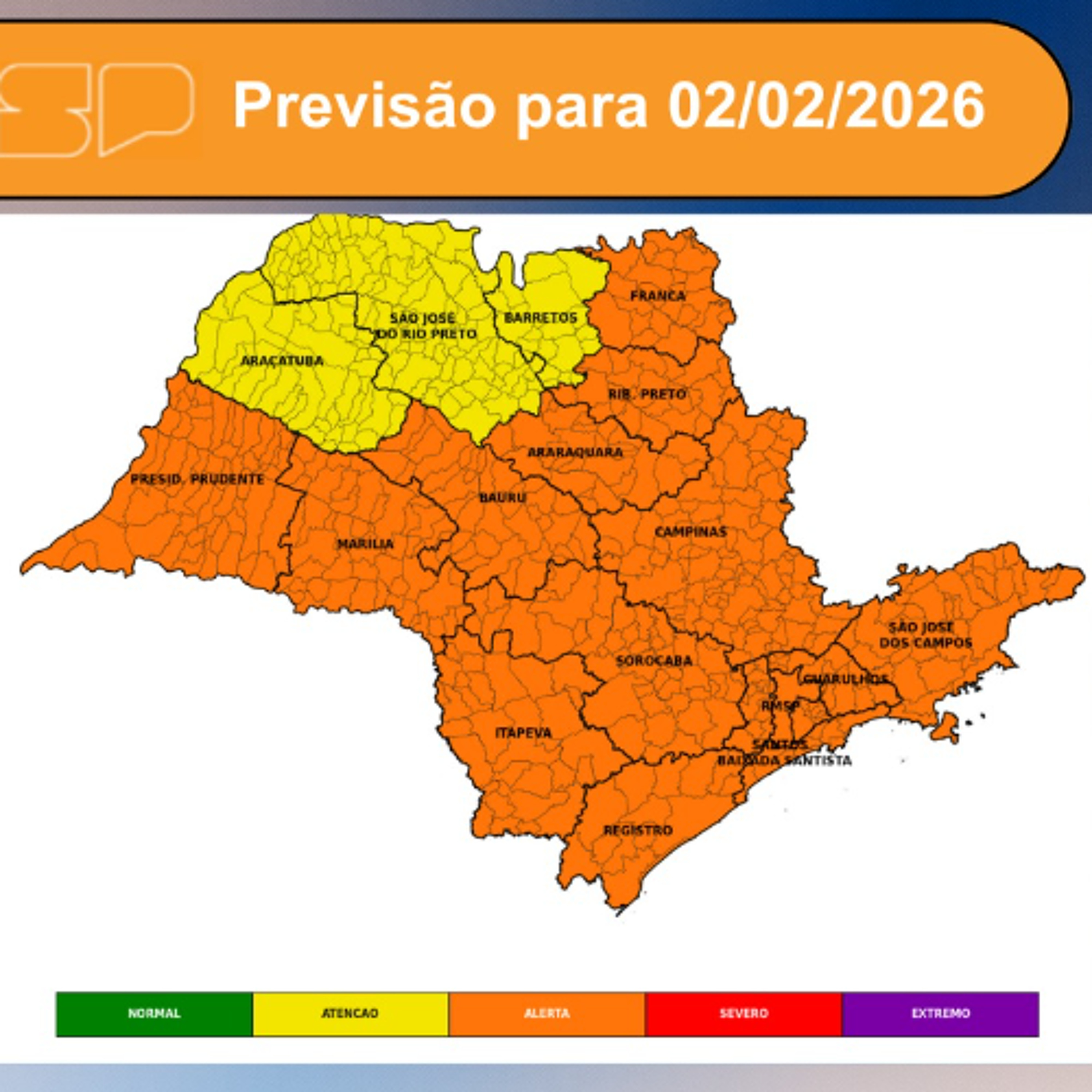 Defesa Civil - Segunda-feira, dia 02/02/2026, o dia será marcado pelo Sol entre muitas nuvens, com momentos de céu nublado, o que favorece a redução das temperaturas diurnas no Estado de São Paulo