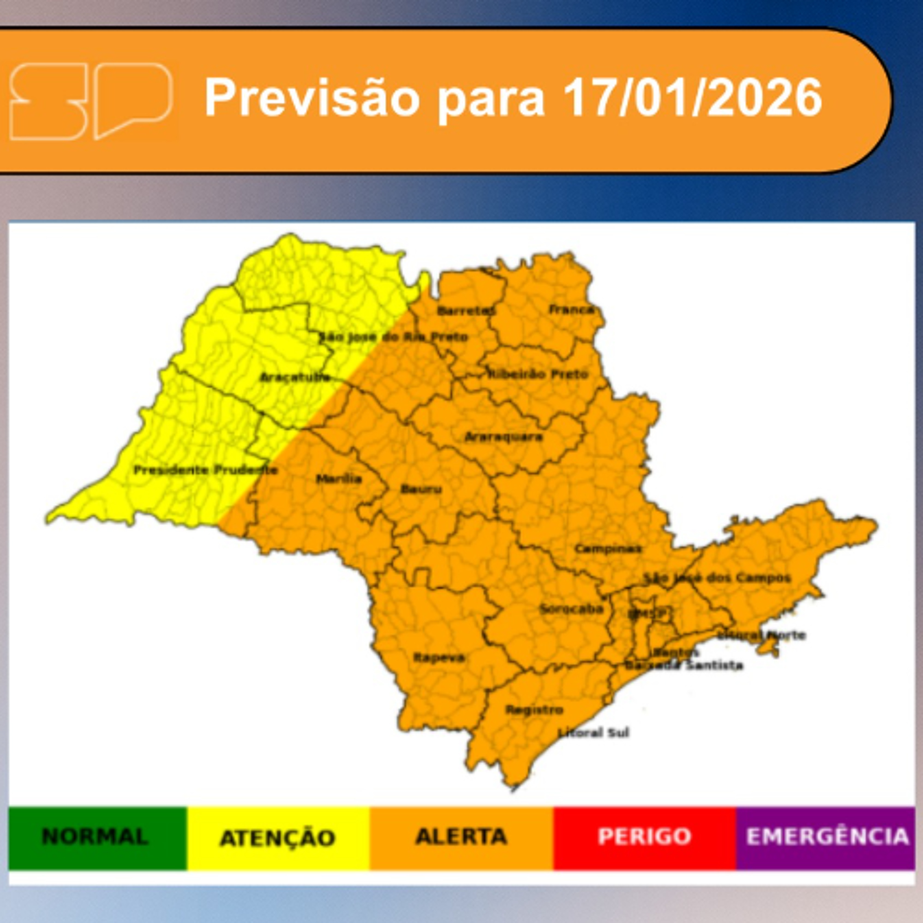 Defesa Civil - Nesta Sábado, dia 17/01/2026, as condições meteorológicas são favoráveis à nebulosidade bastante variável, com algumas aberturas de sol no Estado de São Paulo