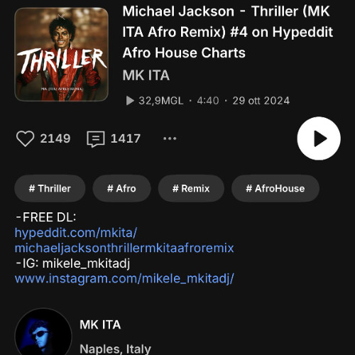 Michael Jackson - Thriller (MK ITA Afro Remix) 4# on Hypeddit Afro House Charts