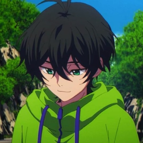 messy-rail589: Anime boy with glowing dark green hair with lime color  highlights and his eyes are emerald green.