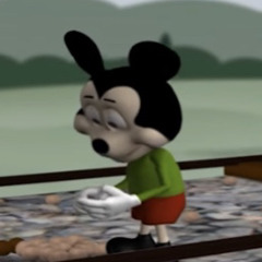 mickey on a railway picking up stones
