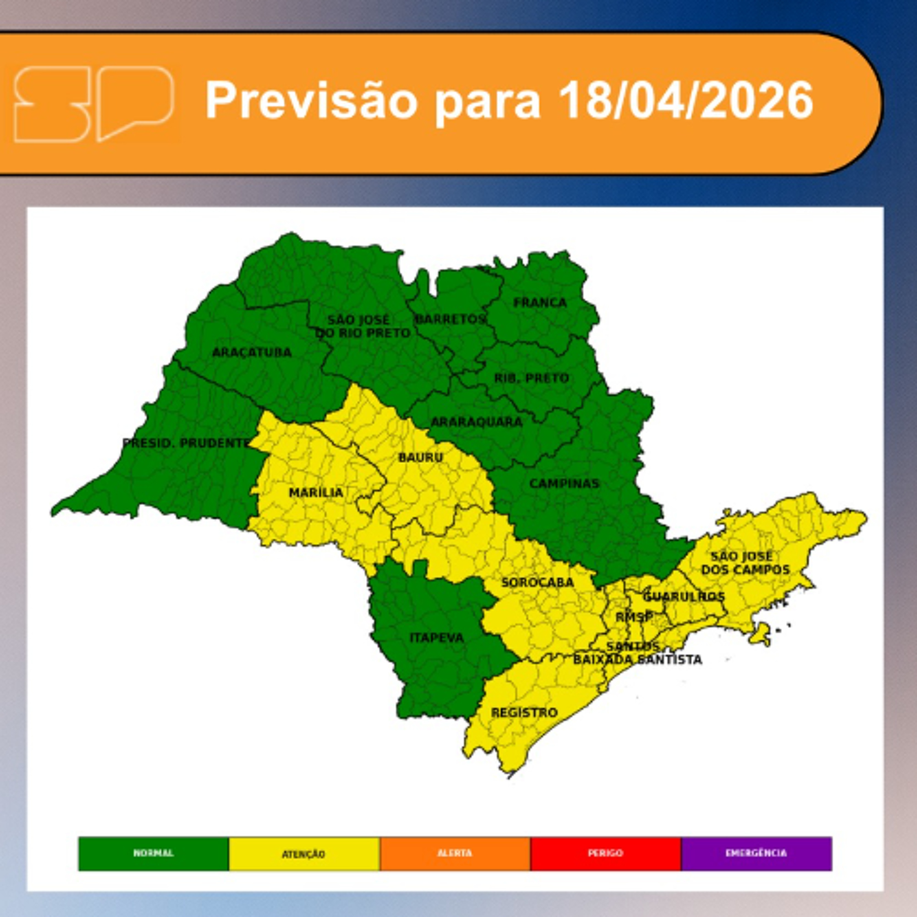 Defesa Civil - Sábado dia 18/04/2026, o dia começa ensolarado em grande parte do estado de São Paulo