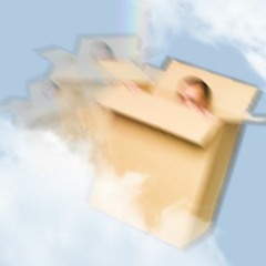 flying through the clouds in a cardboard box