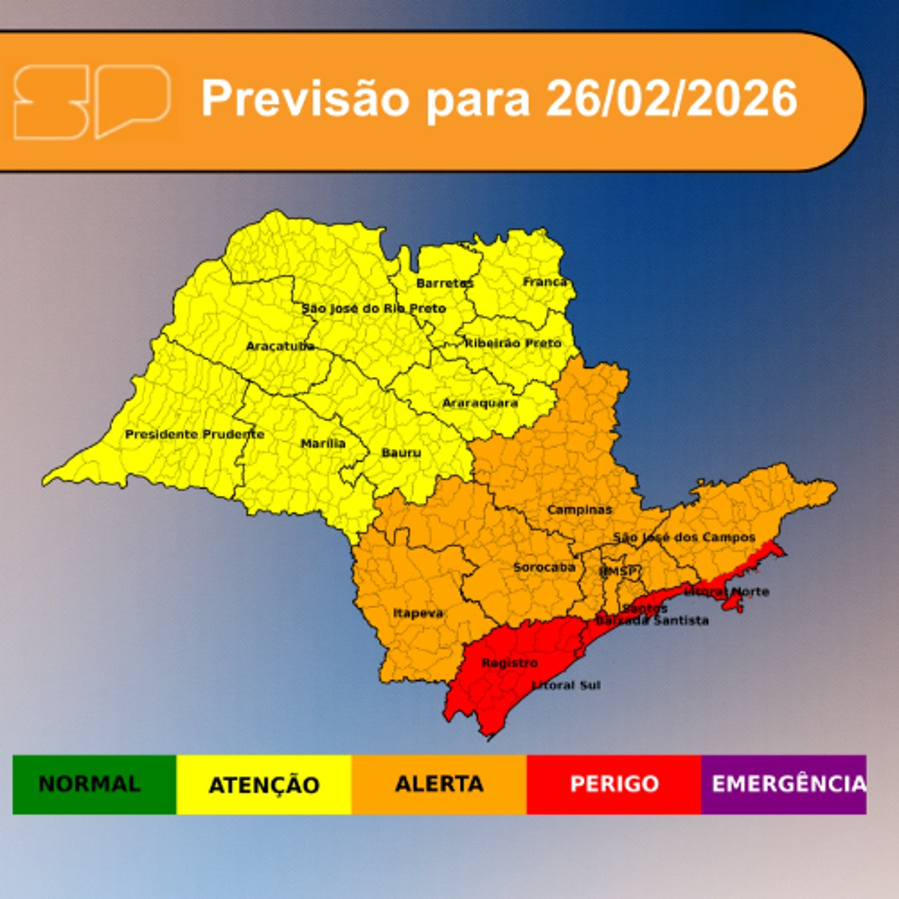 Defesa Civil - Quinta-feira, dia 26/02/2026, o dia será marcado pela alta variação de nebulosidade em todo o Estado de São Paulo