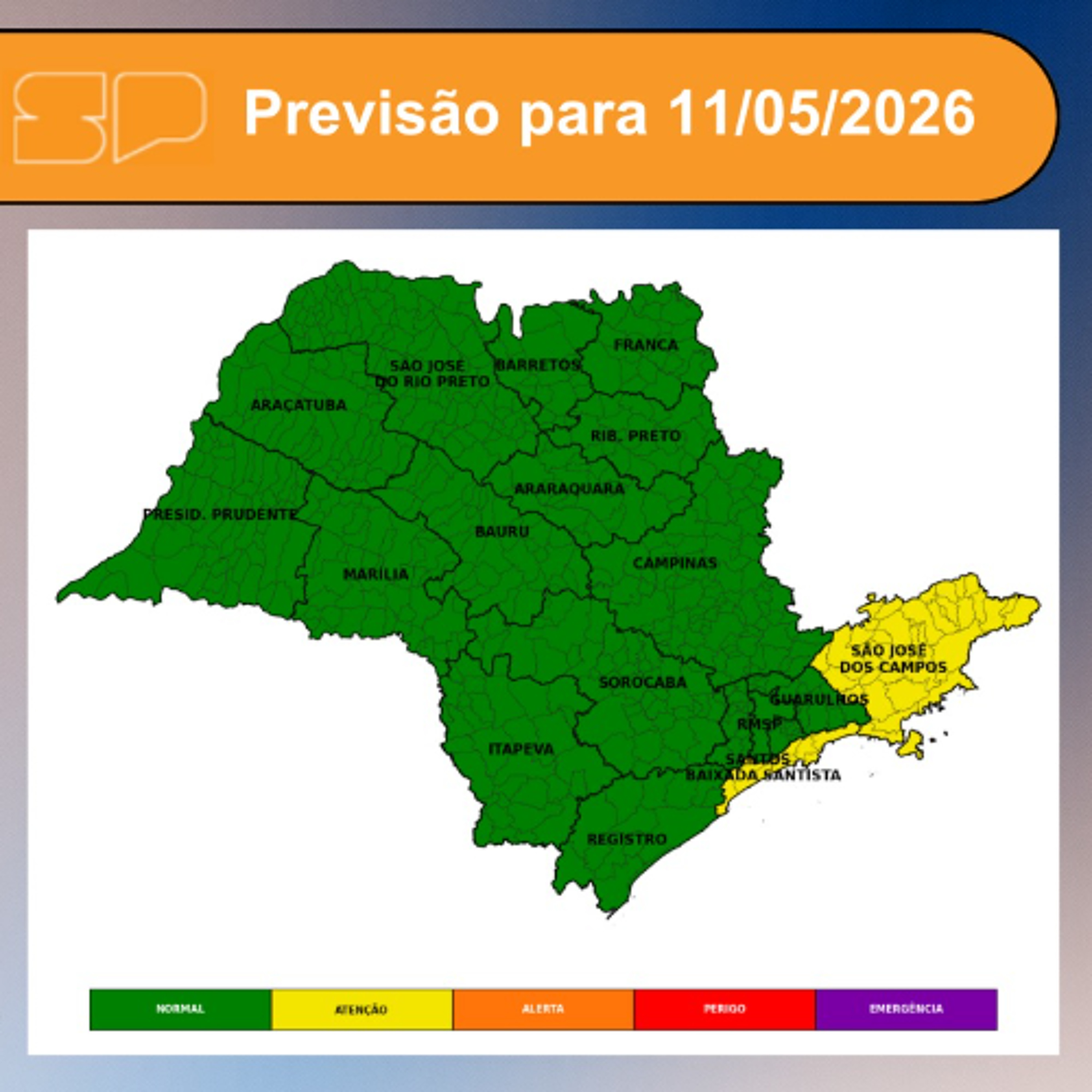 Defesa Civil - Segunda-Feira, dia 11/05, com a atuação da massa de ar frio, de origem polar no Estado, o dia será marcado por sol entre poucas nuvens e o tempo ficará firme em praticamente todo o território paulista