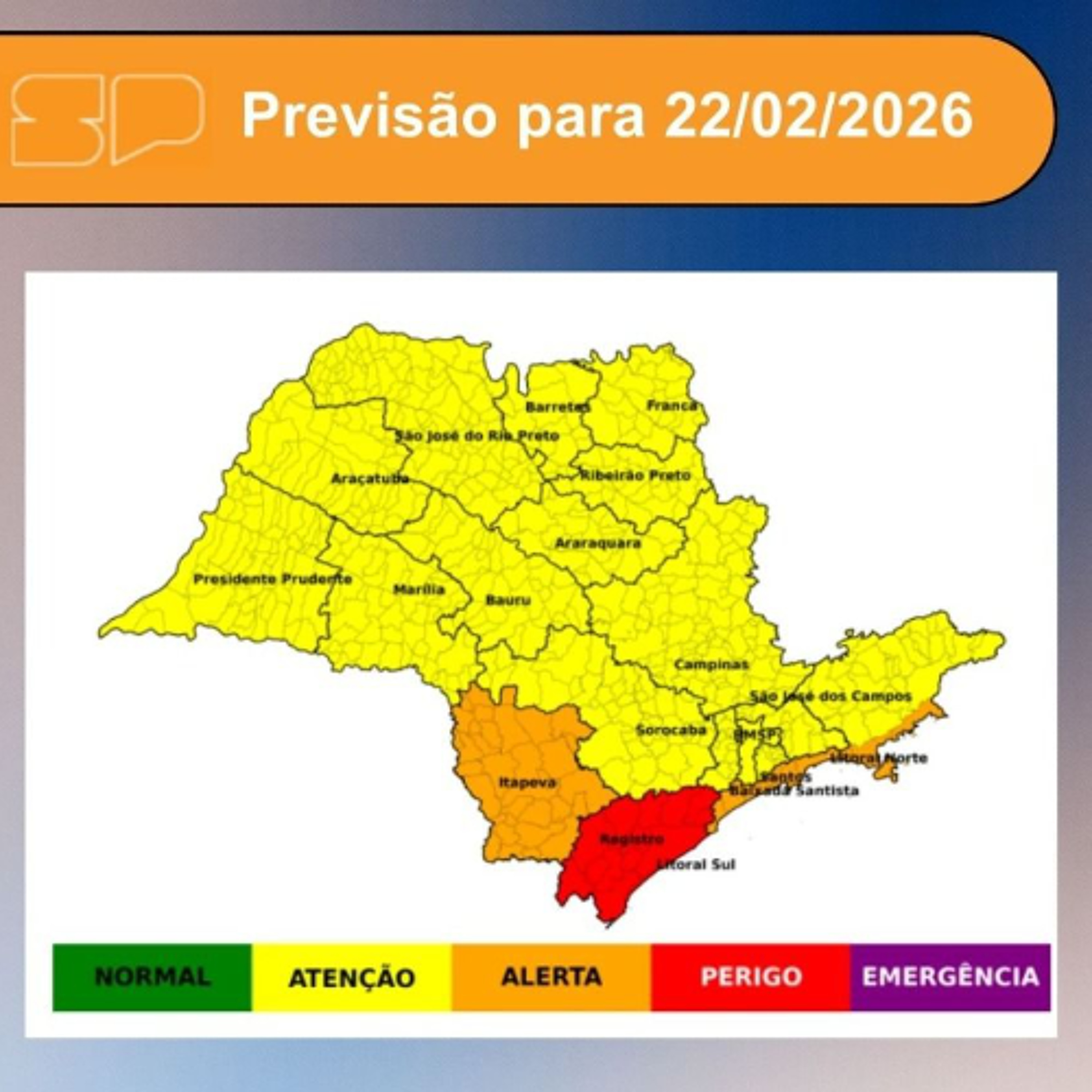 Defesa Civil - Domingo, dia 22/02/2026, o sol aparece entre muitas nuvens em todo o Estado de São Paulo