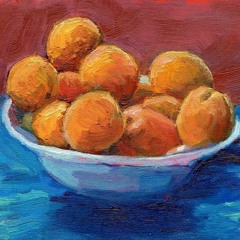 weird painting of a bowl of apricots